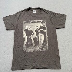 Y2K Nickelback Band T-Shirt Men's Small Gray Rockstar Lyrics Double Sided Merch